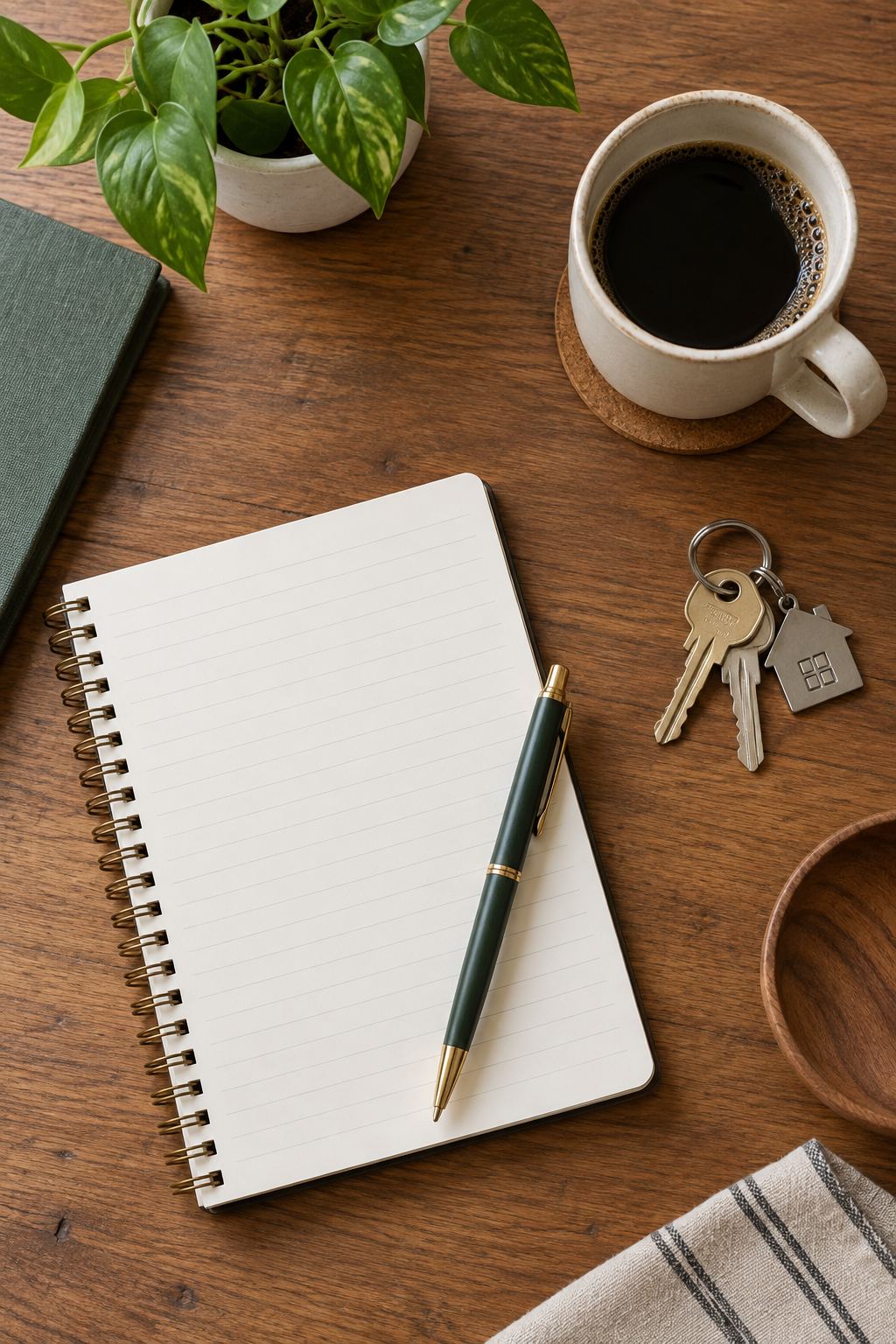 Desk flat-lay, illustrative