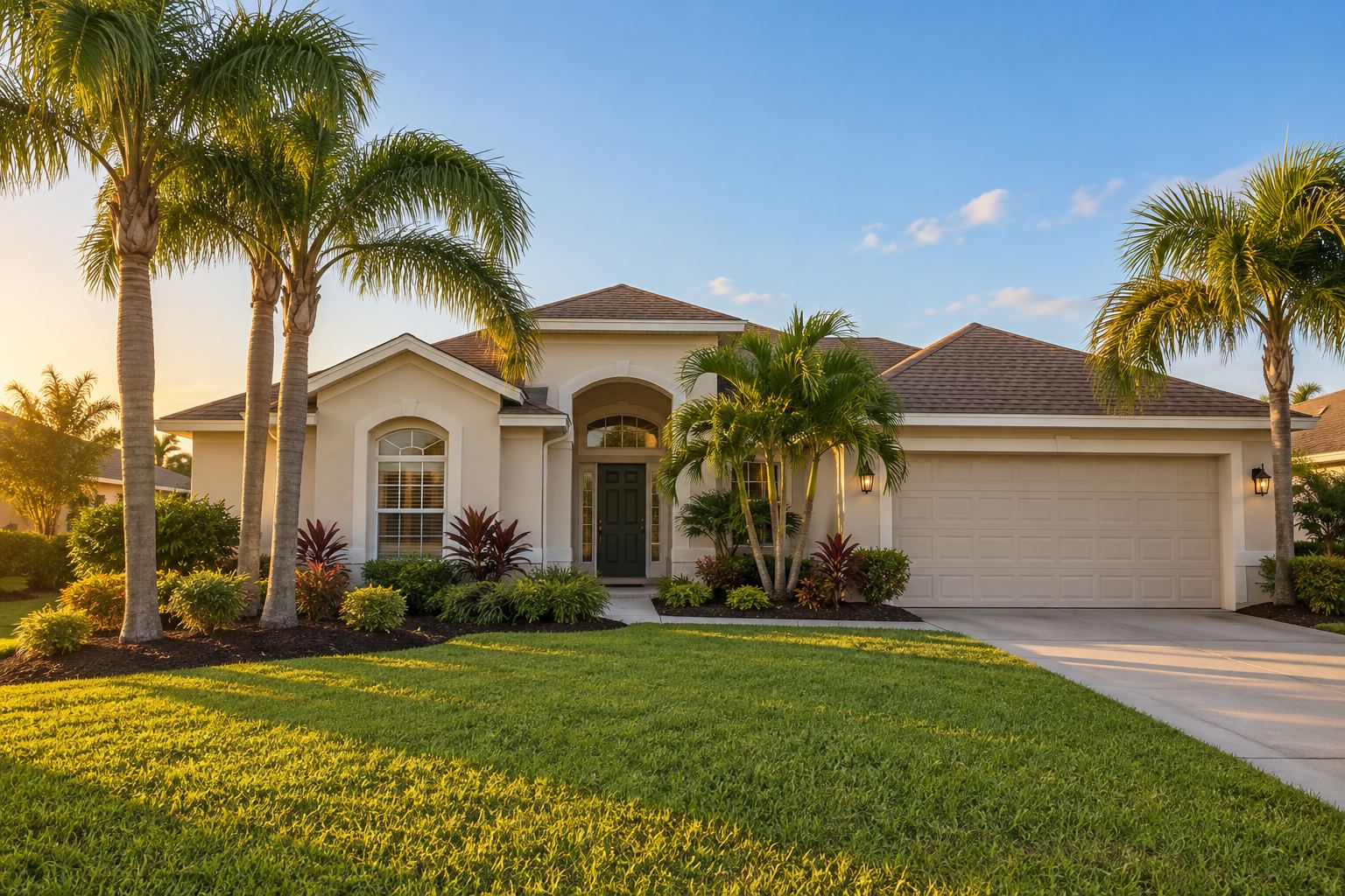 A Florida home with palms on a quiet Space Coast street, illustrative