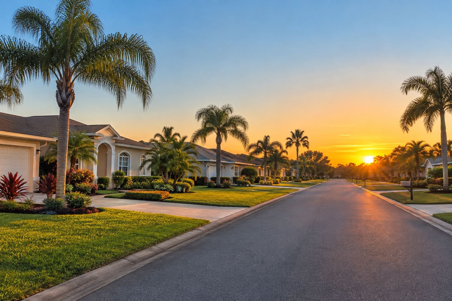 A Titusville residential street at sunset, illustrative