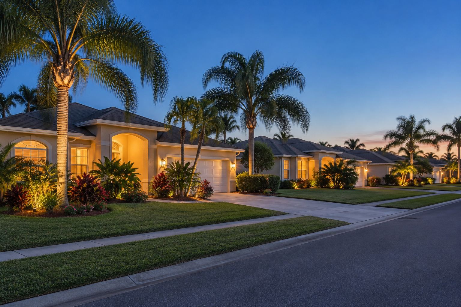 A Titusville waterfront home at dusk, illustrative