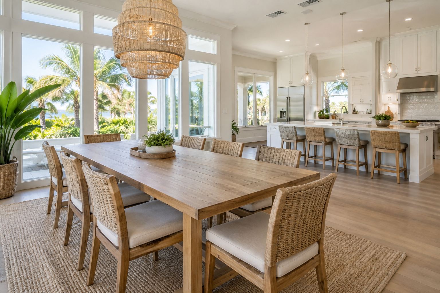 A bright coastal dining room, illustrative
